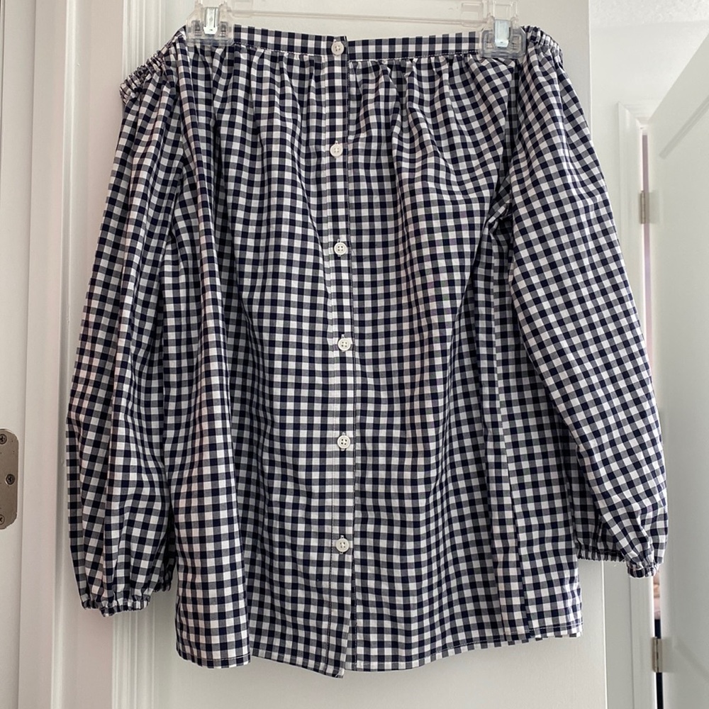 Off Shoulder Gingham Navy Top
